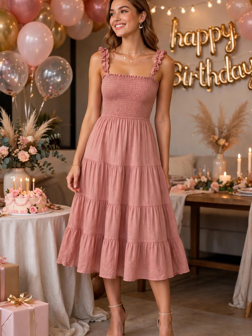 Love Tree Dusty Rose Smocked Maxi Dress with Ruffle Straps